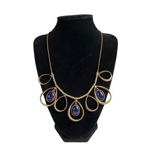 Bold Gold Tone and Blue Pendant Statement Necklace Womens Costume Jewelry